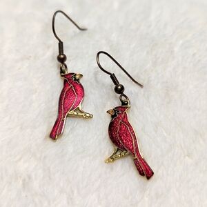 Vintage Cloisonne Red Cardinal Bird Earrings